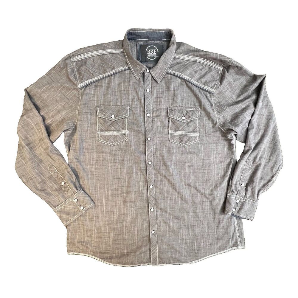 BKE Pearl Snap Shirt XXL Long-sleeve Gray Western Pockets Cotton